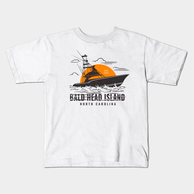 Vintage Fishing Boat Vacation to Bald Head Island, North Carolina Kids T-Shirt by Contentarama